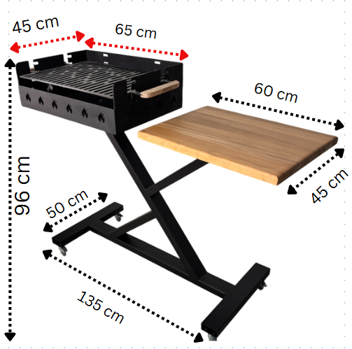Gratar gradina portabil, premium, cu masa lucru, reglabil pe inaltime de gatire , din otel carbon, suport de lucru, pentru camping