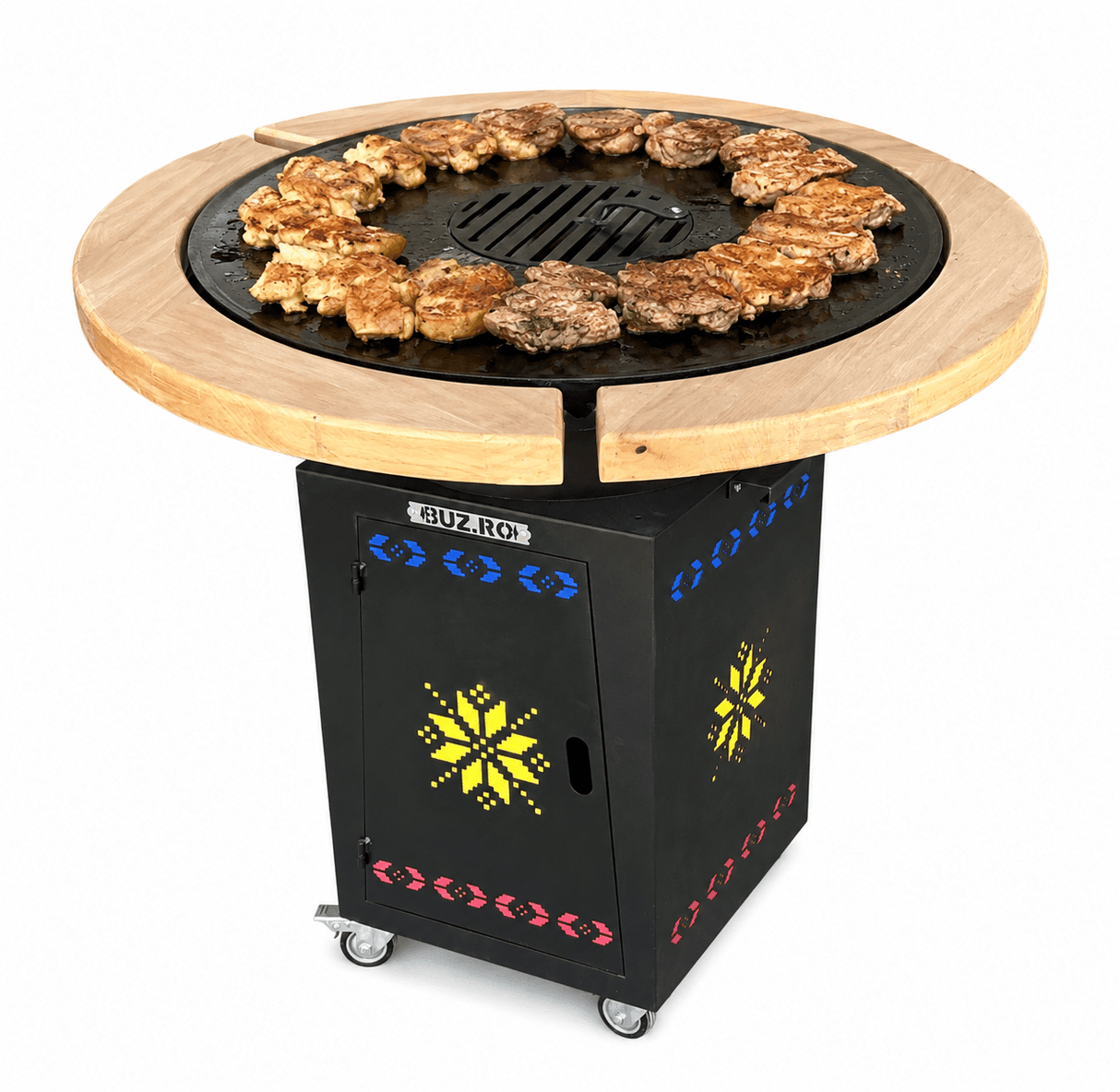 Gratar Gradina Rotund 107cm| plita 10 mm| Fire Pit din fier pe lemne|terasa blat LEMN MOTIVE TRADITIONALE - BUZ.RO