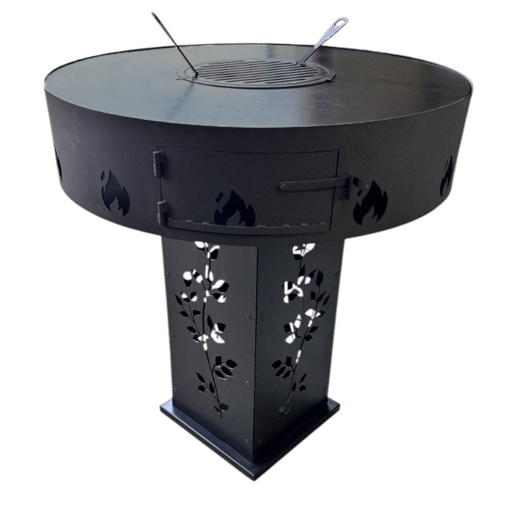 Gratar Gradina Rotund plita 10 mm Fire Pit 73 cm din fier pe lemne, pentru terasa, modelul floare - BUZ.RO