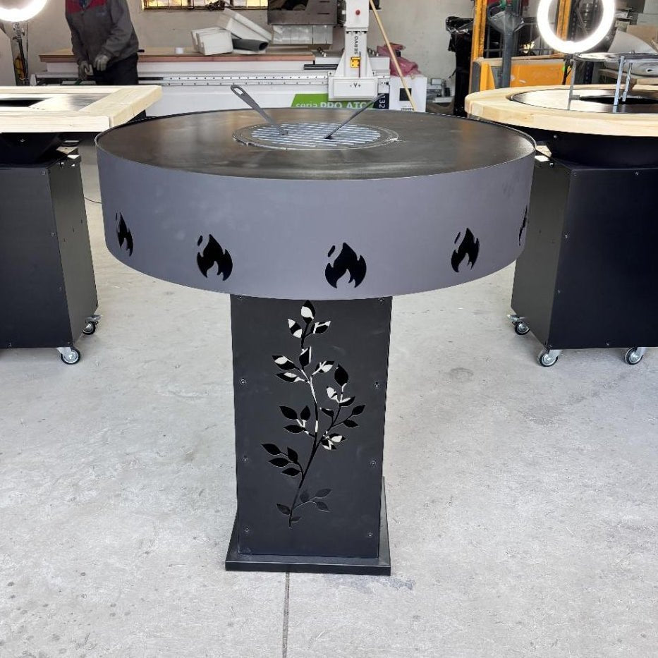 Gratar Gradina Rotund plita 10 mm Fire Pit 73 cm din fier pe lemne, pentru terasa, modelul floare - BUZ.RO
