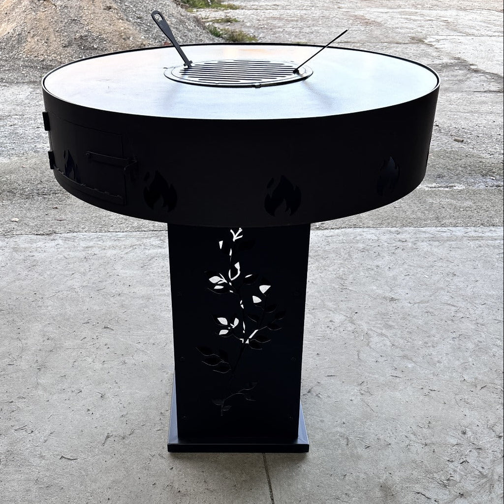 Gratar Gradina Rotund plita 10 mm Fire Pit 73 cm din fier pe lemne, pentru terasa, modelul floare - BUZ.RO