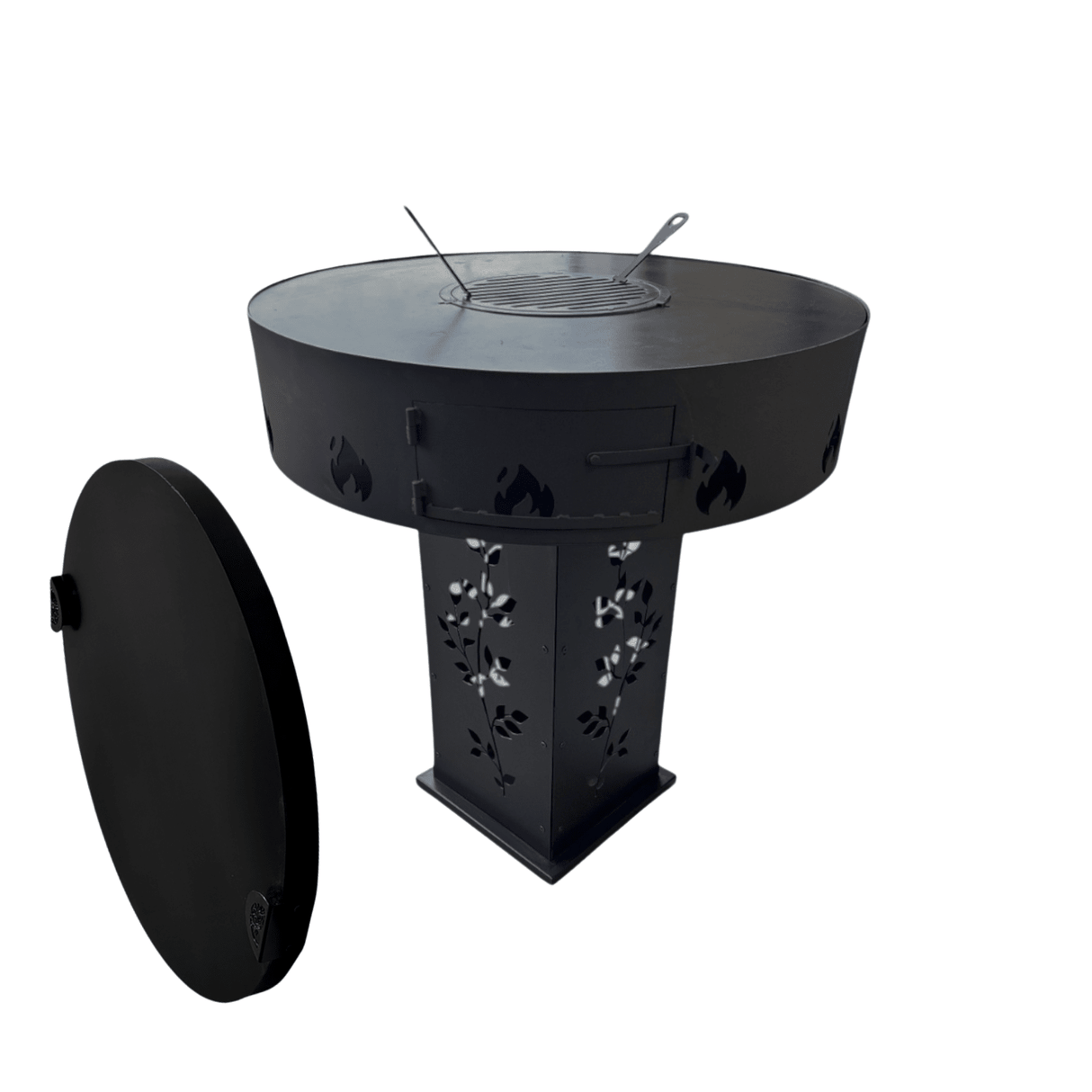 Gratar Gradina Rotund plita 10 mm Fire Pit 73 cm din fier pe lemne, pentru terasa, modelul floare - BUZ.RO