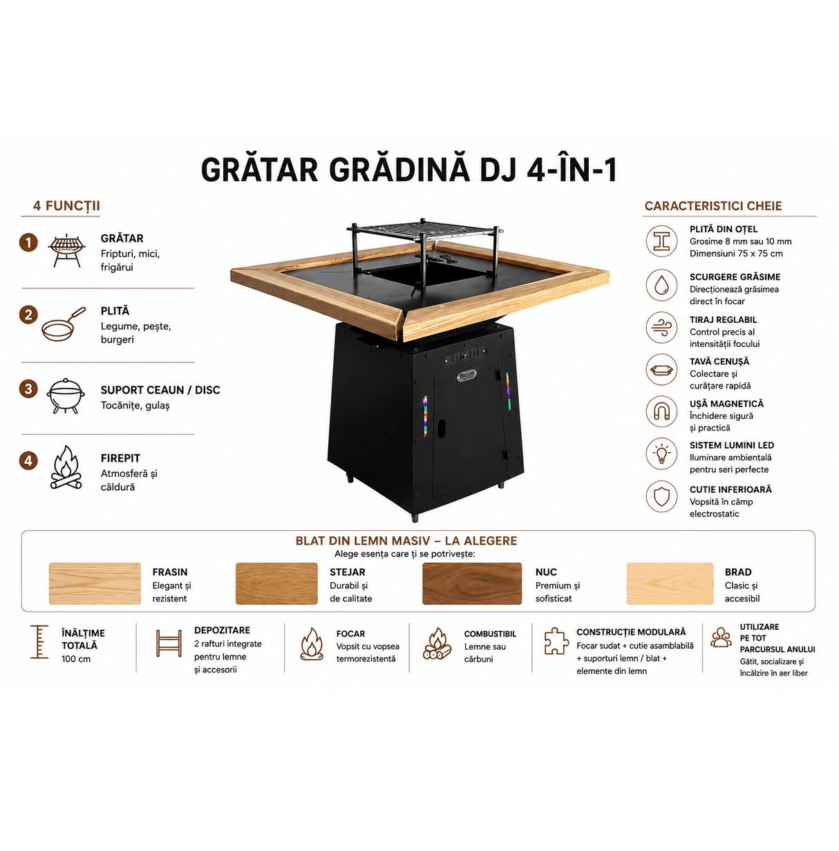 Gratar Gradina si Curte | Plita Otel 75x75 cm | 4in1 | Plita 8-10mm |Mobil pe Roti | Inaltator Ceaun Inclus - BUZ.RO