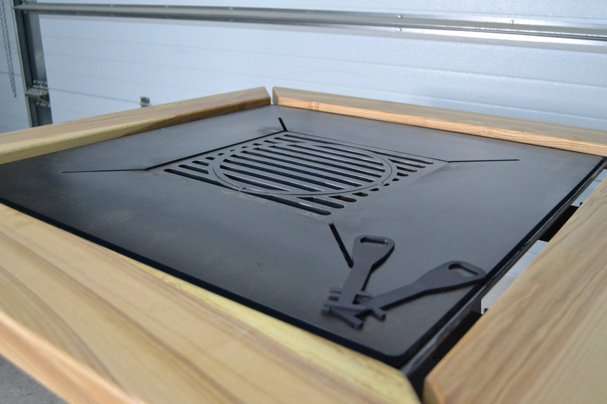 Gratar Gradina si Curte | Plita Otel 75x75 cm | Mobil pe Roti | Inaltator Ceaun Inclus - BUZ.RO