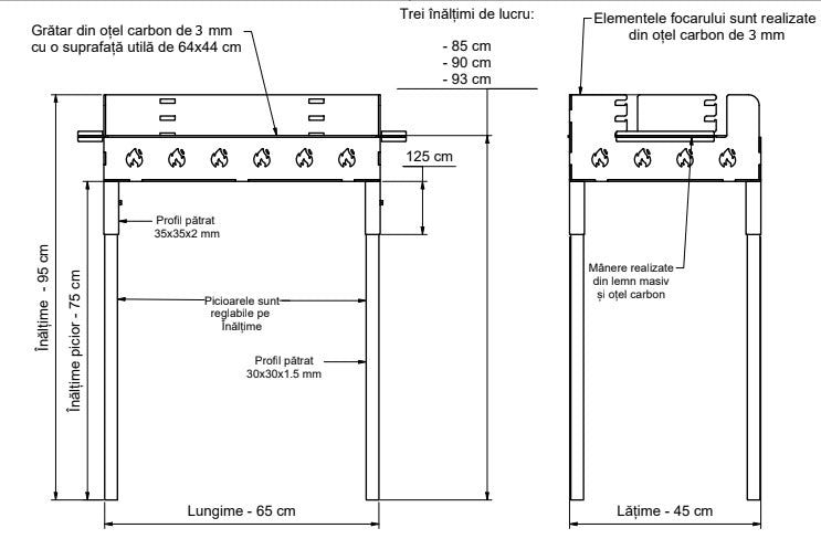 Gratar gradina portabil, cu masa lucru, reglabil pe inaltime de gatire , din otel carbon, suport de lucru, pentru camping, 65X45X95 CM 3 mm grosime tabla