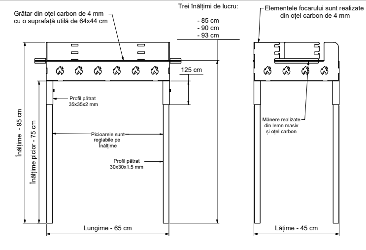 Gratar gradina portabil, cu masa polita lucru reglabil pe inaltime de gatire  65X45X95 CM