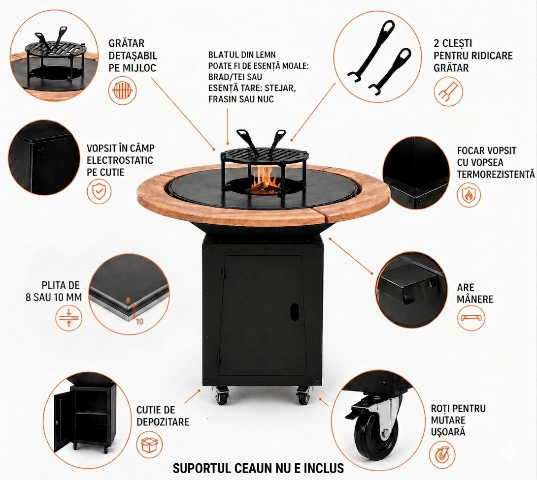 Gratar Rotund de gradina 107cm| plita 75 cm| fire pit cu Plita rotunda 8/10 mm, reglare Tiraj si sertar Cenusa inclus - BUZ.RO