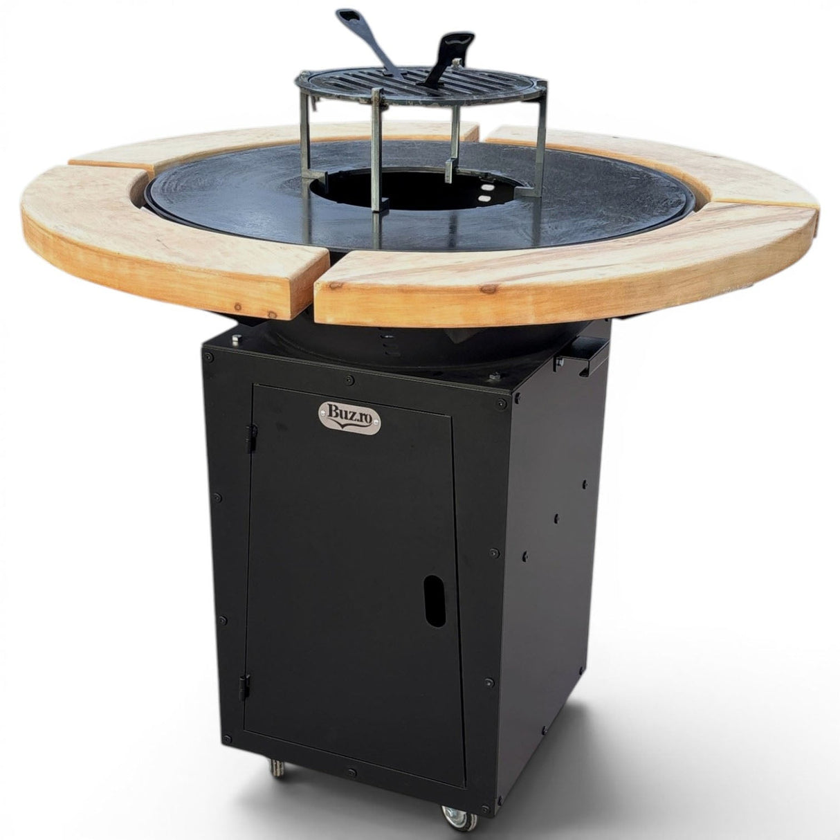 Gratar Rotund Gradina 107cm|diametru Plita 75 cm| grosime 8/10 mm cu reglare tiraj si tavita cenusa blat de lemn - BUZ.RO