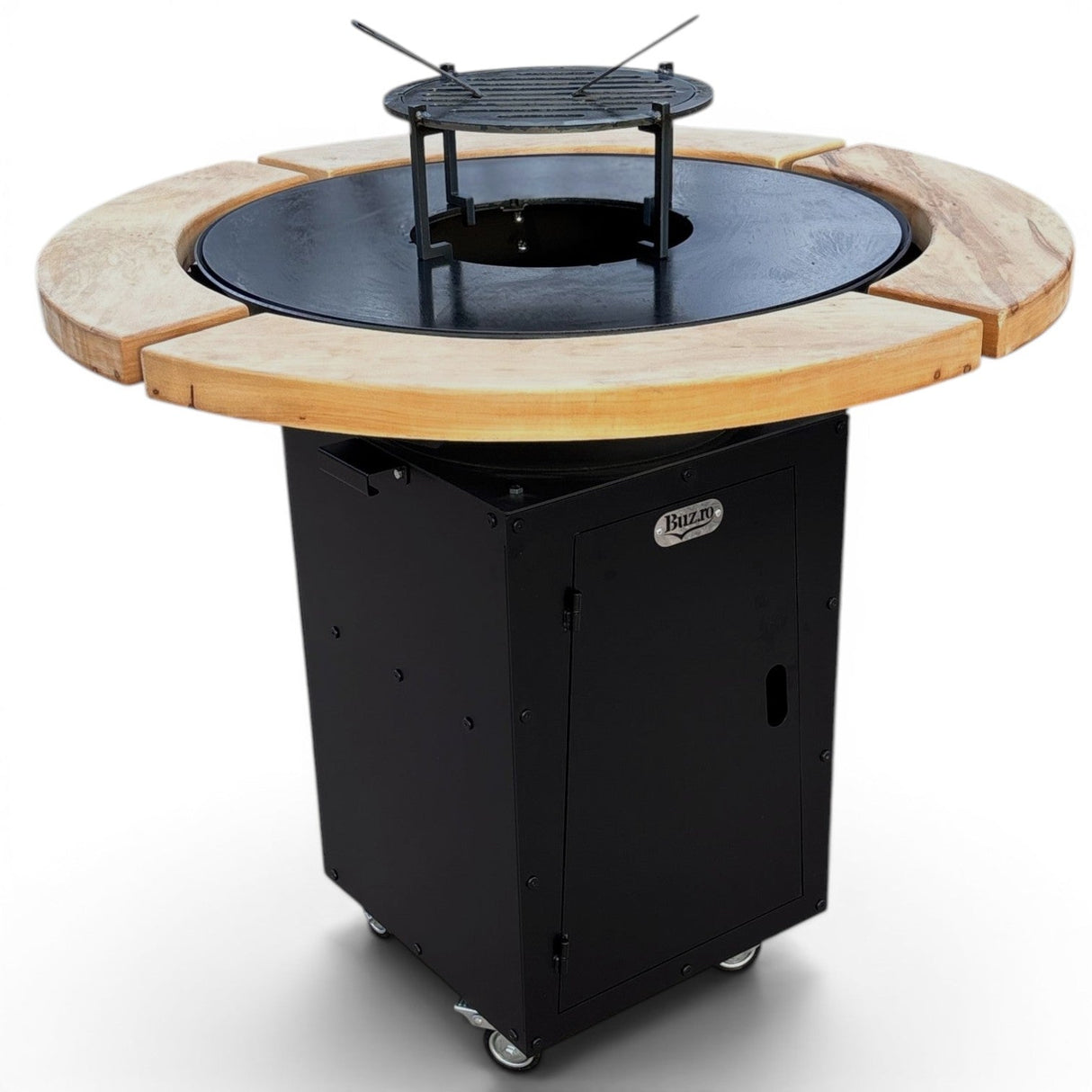 Gratar Rotund Gradina 107cm|diametru Plita 75 cm| grosime 8/10 mm cu reglare tiraj si tavita cenusa blat de lemn - BUZ.RO