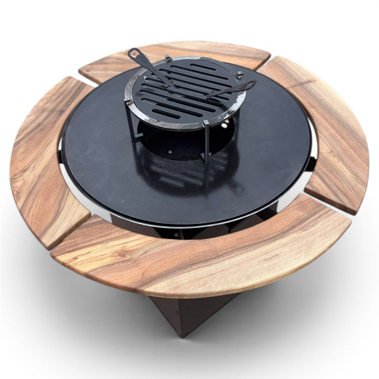 Gratar Rotund Gradina 107cm|diametru Plita 75 cm| grosime 8/10 mm cu reglare tiraj si tavita cenusa blat de lemn - BUZ.RO