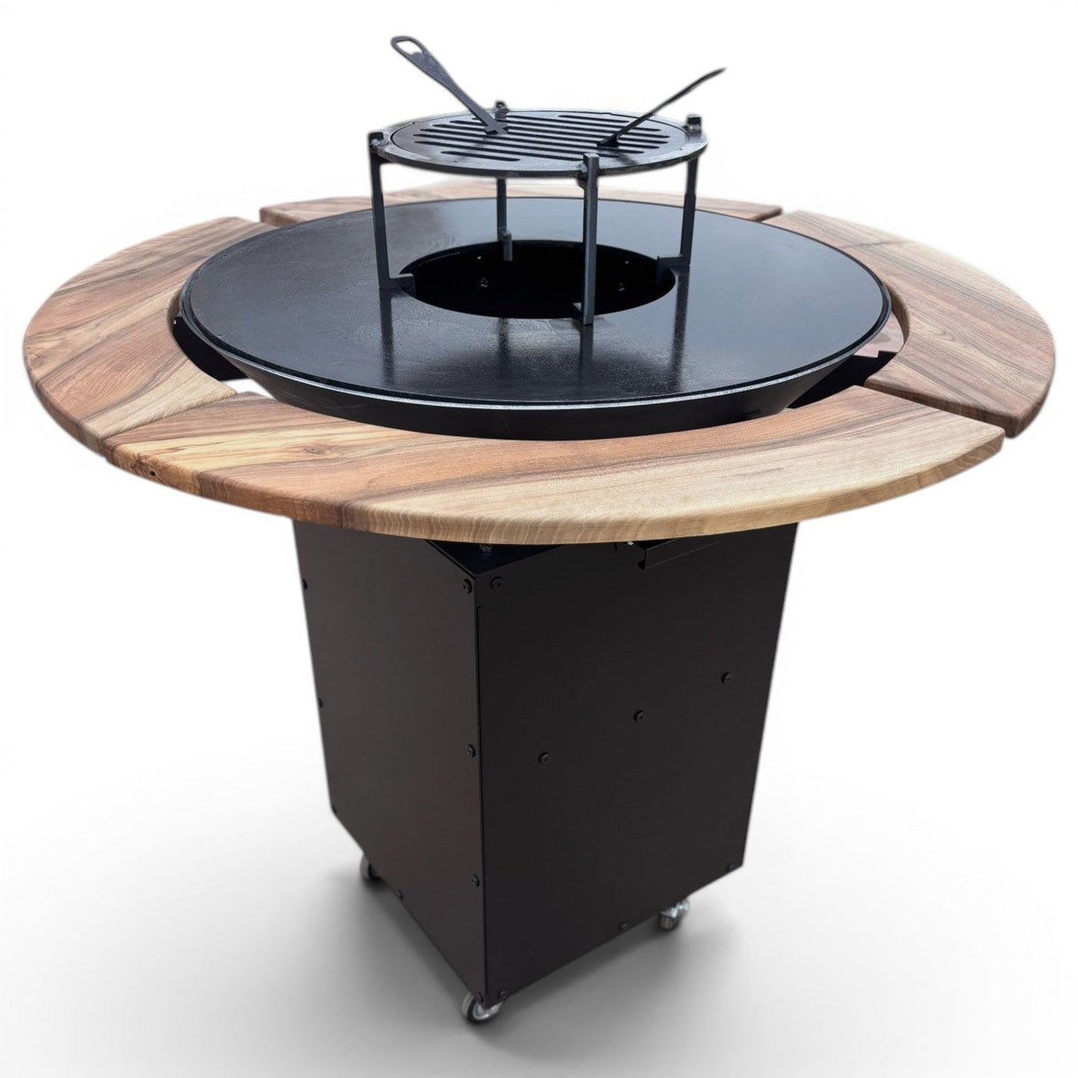 Gratar Rotund Gradina 107cm|diametru Plita 75 cm| grosime 8/10 mm cu reglare tiraj si tavita cenusa blat de lemn - BUZ.RO