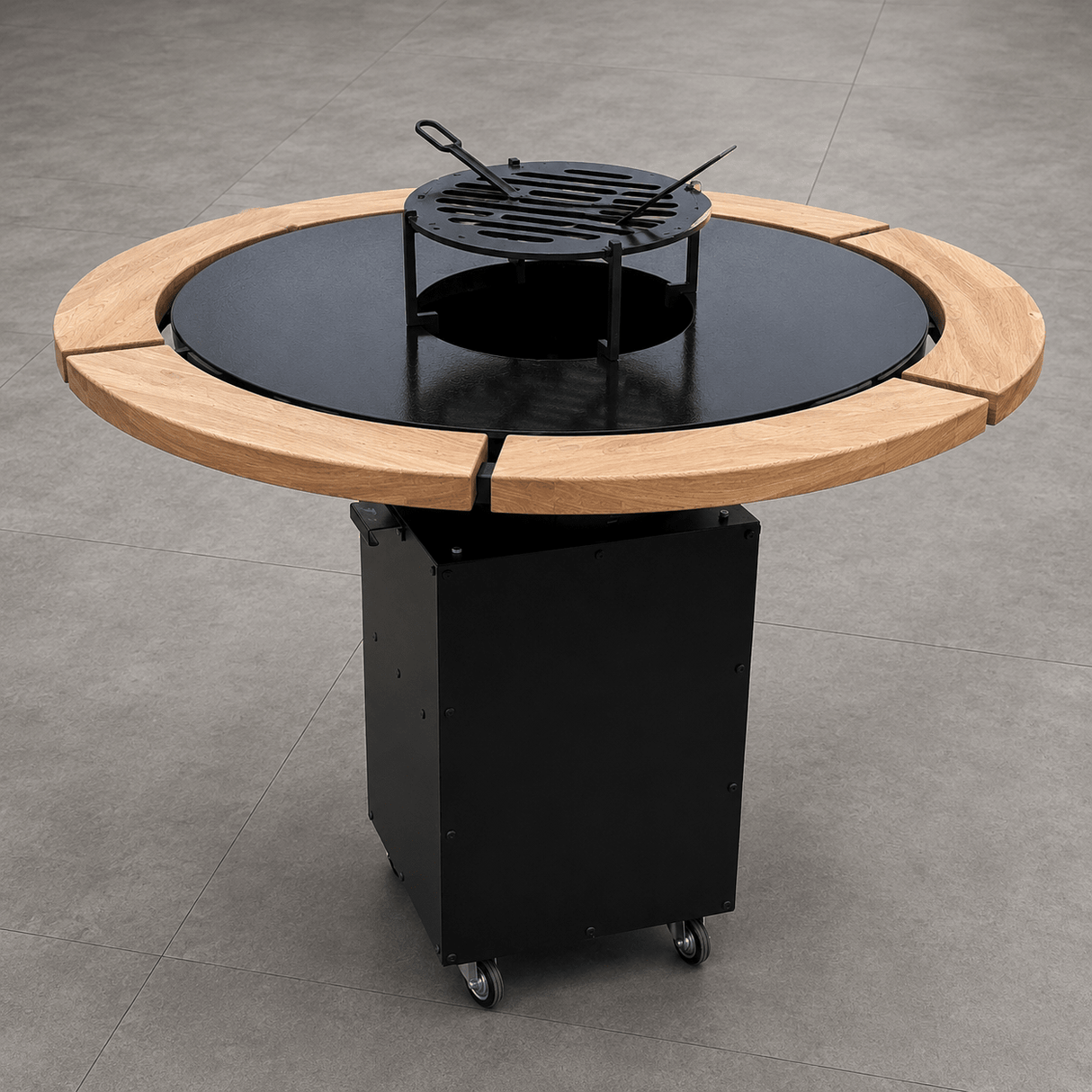 Gratar Rotund Gradina 127cm|diametru Plita 95 cm| grosime 8/10 mm cu reglare tiraj si tavita cenusa blat de lemn - BUZ.RO