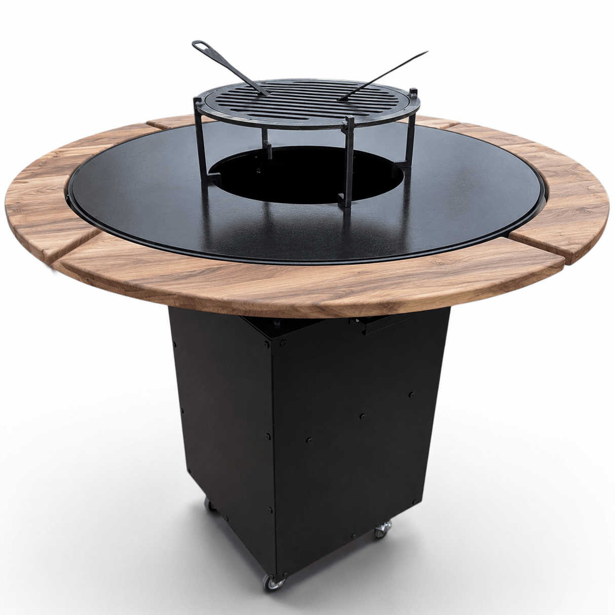Gratar Rotund Gradina 127cm|diametru Plita 95 cm| grosime 8/10 mm cu reglare tiraj si tavita cenusa blat de lemn - BUZ.RO