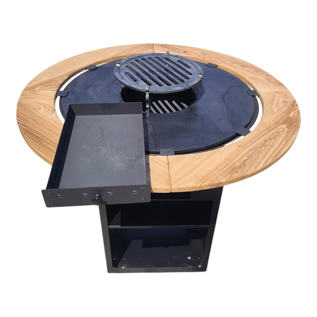 Gratar Rotund Gradina|diametru Plita 75 cm| grosime 8/10 mm cu reglare tiraj si tavita cenusa blat de lemn LM - BUZ.RO