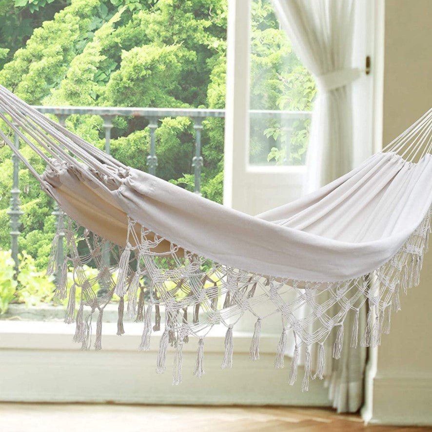 Hamac dublu, din bumbac, cu franjuri, saculet transport si franghii, 200x150 cm - BUZ.RO