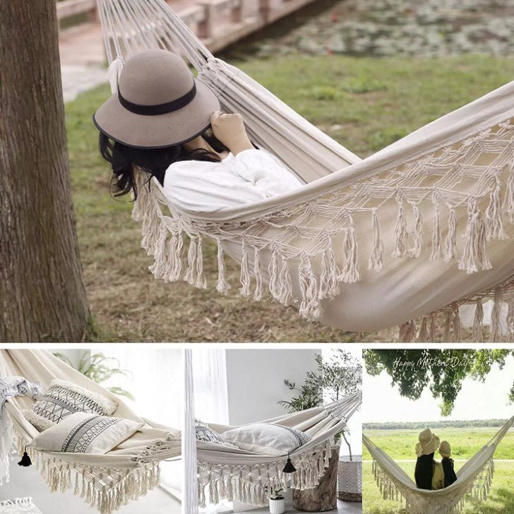 Hamac dublu, din bumbac, cu franjuri, saculet transport si franghii, 200x150 cm - BUZ.RO