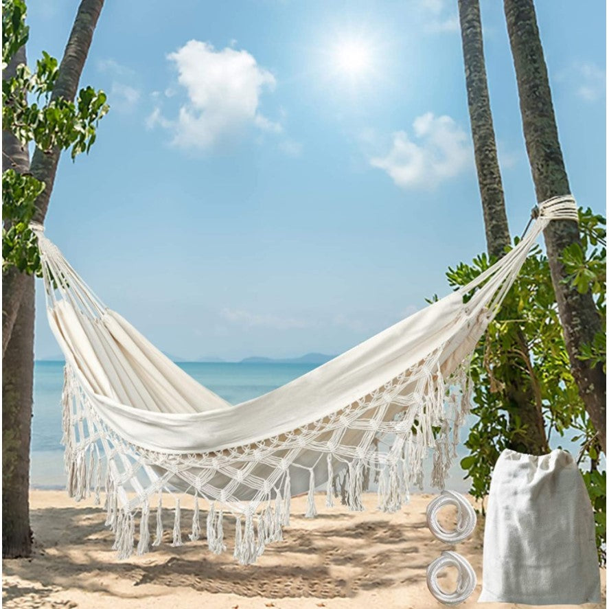 Hamac dublu, din bumbac, cu franjuri, saculet transport si franghii, 200x150 cm