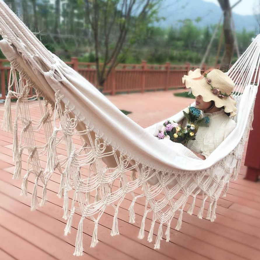 Hamac dublu, din bumbac, cu franjuri, saculet transport si franghii, 200x150 cm