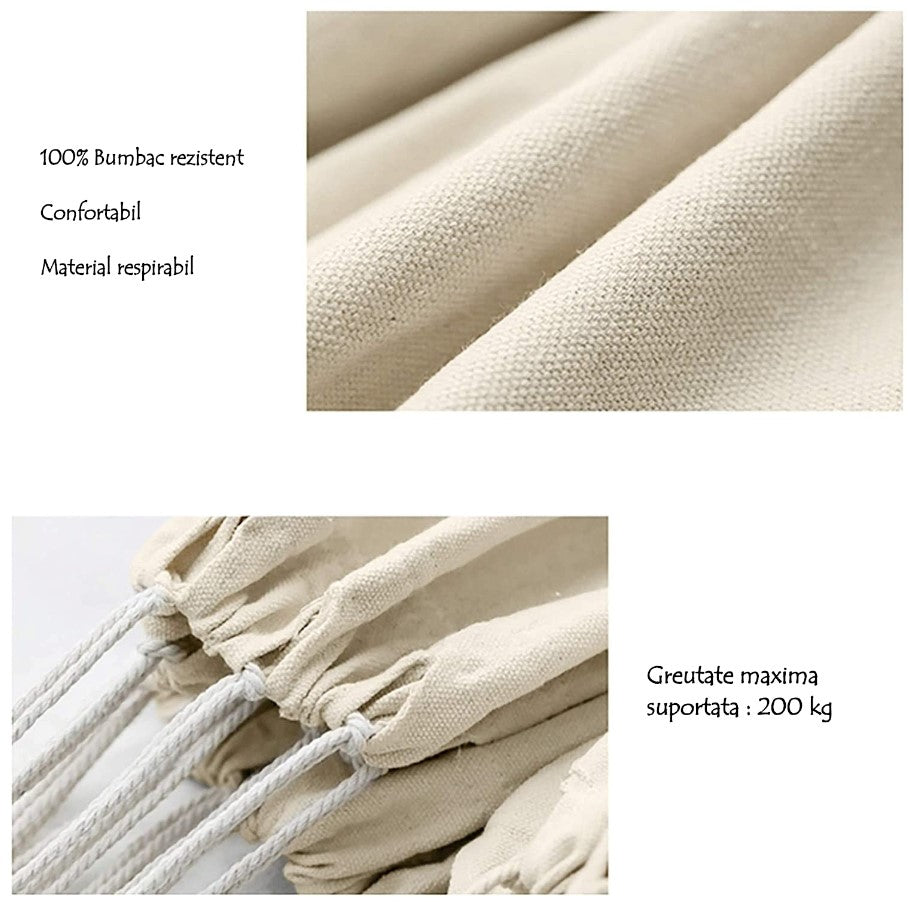 Hamac dublu, din bumbac, cu franjuri, saculet transport si franghii, 200x150 cm