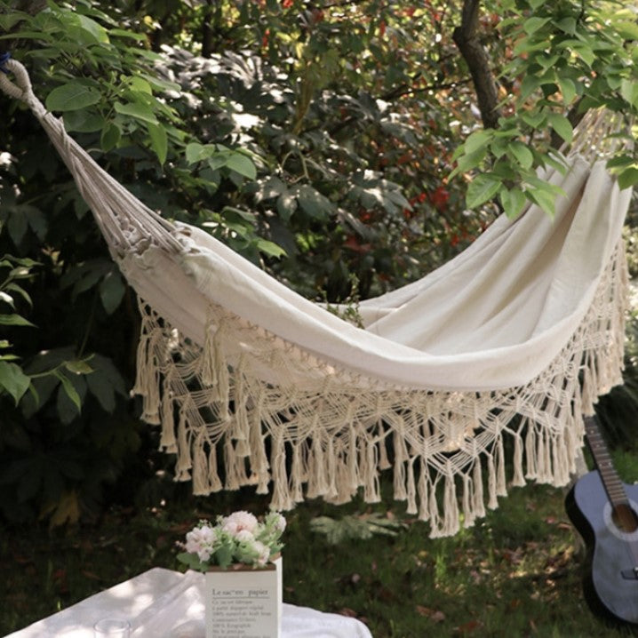 Hamac dublu, din bumbac, cu franjuri, saculet transport si franghii, 200x150 cm