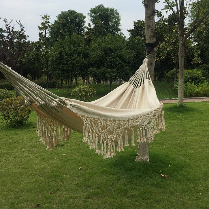 Hamac dublu, din bumbac, cu franjuri, saculet transport si franghii, 200x150 cm