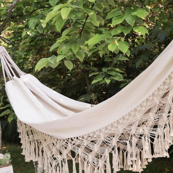 Hamac dublu, din bumbac, cu franjuri, saculet transport si franghii, 200x150 cm