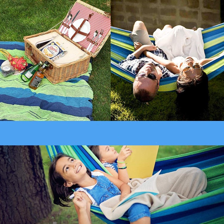 Hamac dublu din bumbac cu lemn la capete si franghii, albastru-verde