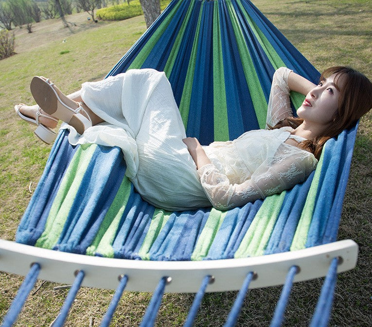 Hamac dublu din bumbac cu lemn la capete si franghii, albastru-verde