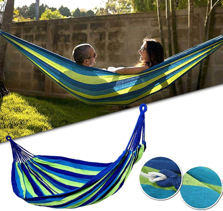 Hamac dublu din bumbac cu lemn la capete si franghii, albastru-verde