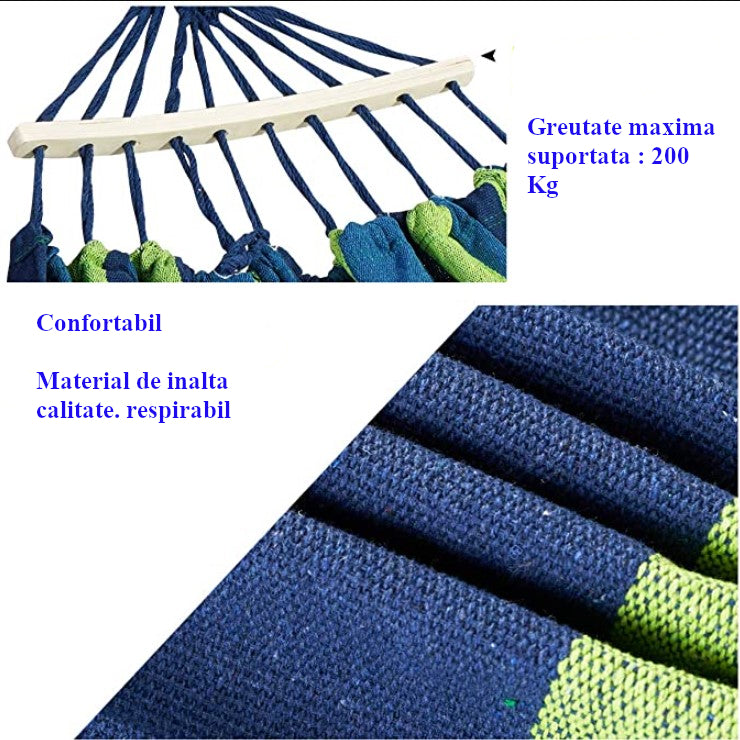 Hamac dublu din bumbac cu lemn la capete si franghii, albastru-verde