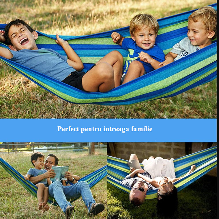 Hamac dublu din bumbac cu lemn la capete si franghii, albastru-verde