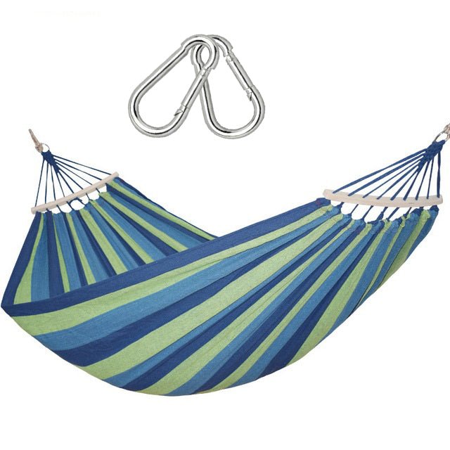 Hamac dublu din bumbac cu lemn la capete si franghii, albastru - verde - BUZ.RO