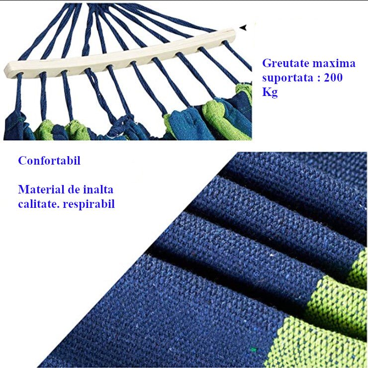 Hamac dublu din bumbac cu lemn la capete si franghii, albastru - verde - BUZ.RO