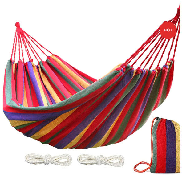 Hamac dublu din bumbac cu lemn la capete si franghii, albastru - verde - BUZ.RO