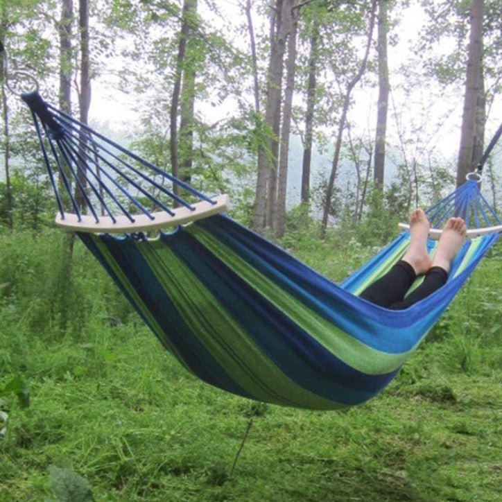 Hamac dublu din bumbac cu lemn la capete si franghii, albastru - verde - BUZ.RO