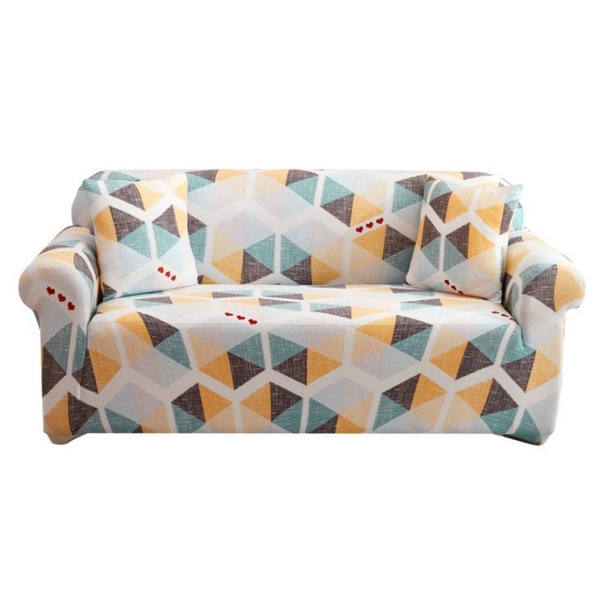 Husa elastica universala pentru canapea si pat, cu 2 fete de perna, crem cu figuri geometrice, 90x 140 cm - BUZ.RO