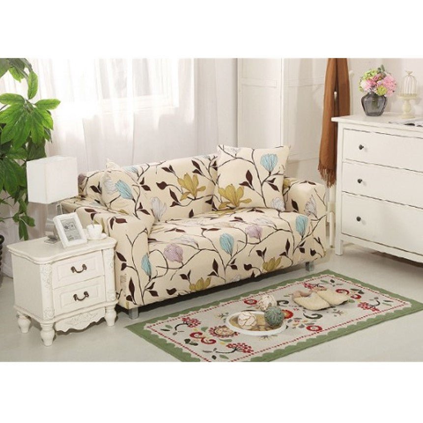 Husa elastica universala pentru canapea si pat, cu 2 fete de perna, crem cu flori,190 - 230cm - BUZ.RO