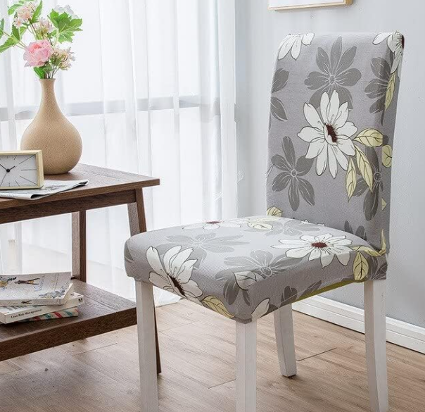 Husa scaun, husa elastica, universala, poliester, crem cu imprimeu floral, 50x70cm