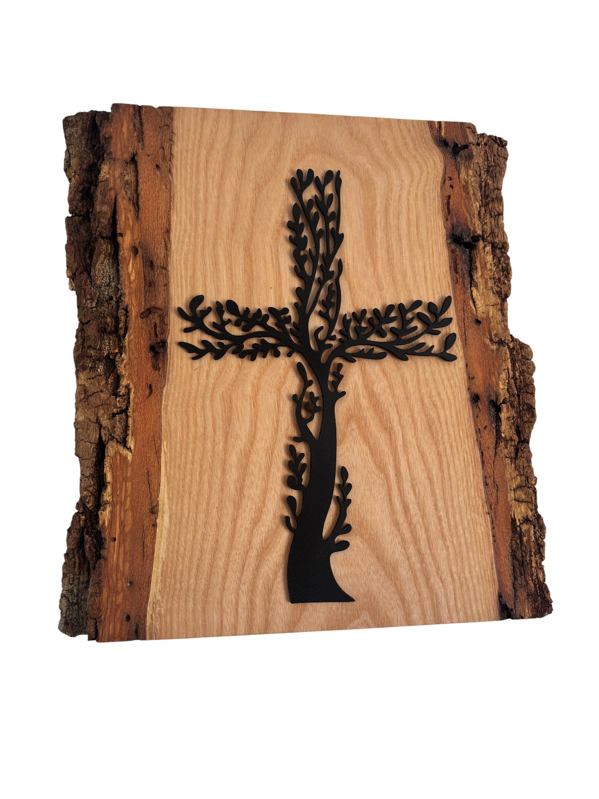 Icoana perete Cruce de perete decoratiune din metal negru pe lemn de frasin cu coarjă – decor unic, lucrat manual 30x28 cm - BUZ.RO