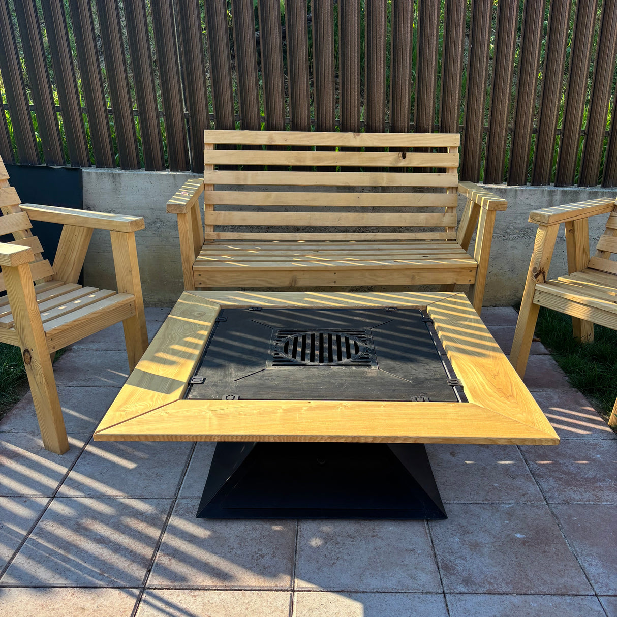 FirePit 5in1 107x107cm Gratar gradina plita 75x 75 cm din otel 8/10 mm|terasa |suport ceaun| cenusar| reglare tiraj| loc depozitare| blat lemn