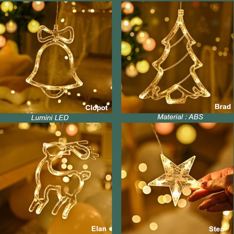 Instalatie craciun perdea luminoasa cu figurine brazi, reni si clopotei, 4m, alb cald - BUZ.RO