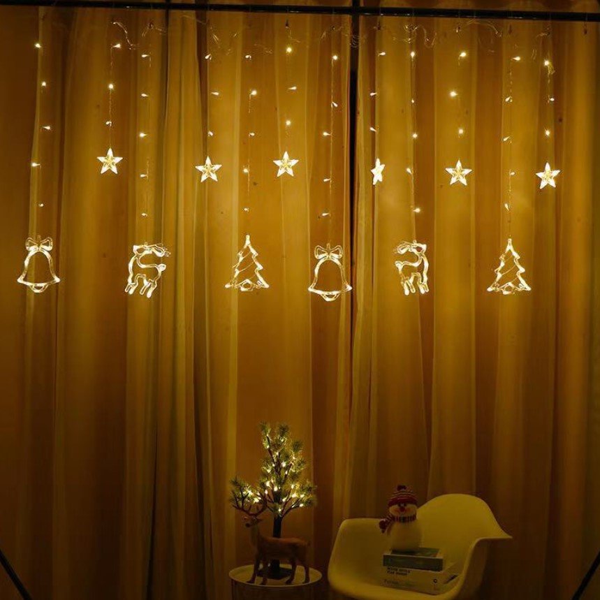 Instalatie craciun perdea luminoasa cu figurine brazi, reni si clopotei, 4m, alb cald - BUZ.RO