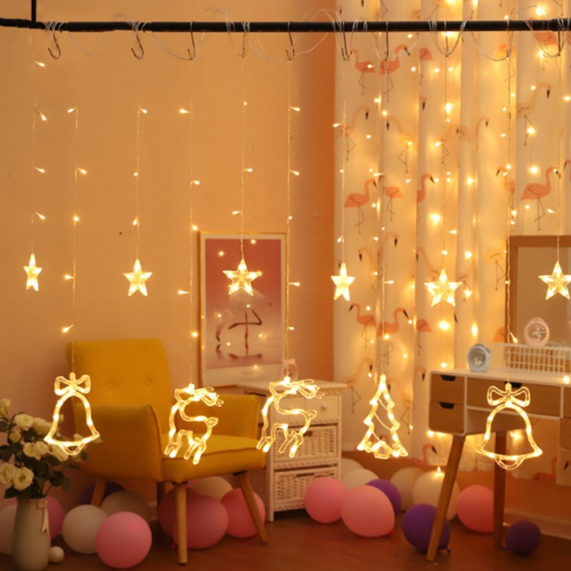Instalatie craciun perdea luminoasa cu figurine brazi, reni si clopotei, 4m, alb cald