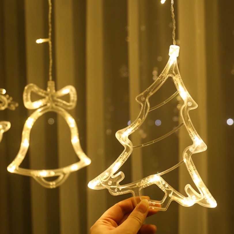 Instalatie craciun perdea luminoasa cu figurine brazi, reni si clopotei, 4m, alb cald