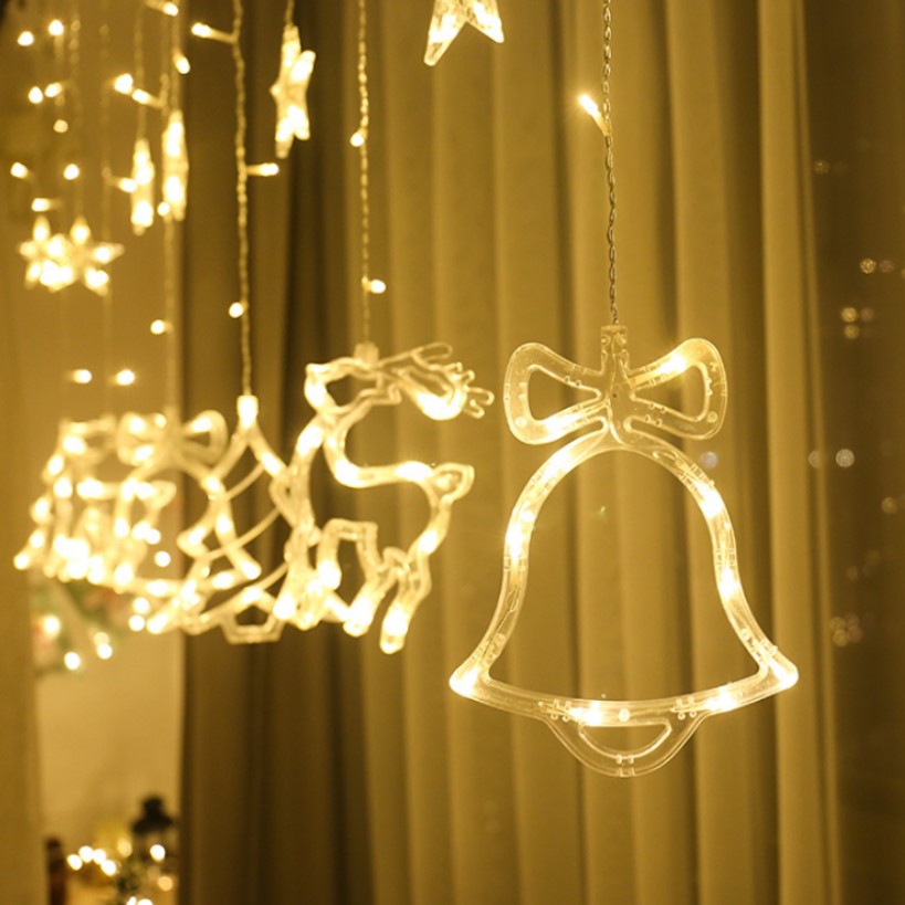 Instalatie craciun perdea luminoasa cu figurine brazi, reni si clopotei, 4m, alb cald