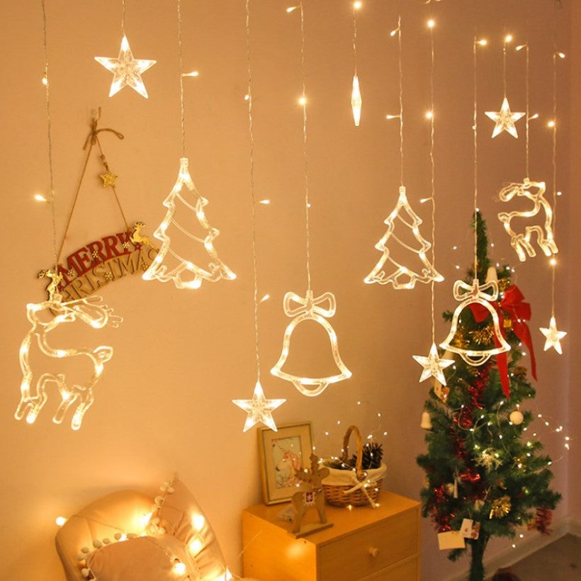 Instalatie craciun perdea luminoasa cu figurine brazi, reni si clopotei, pentru interior sau exterior, lumini LED, 4m, alb cald