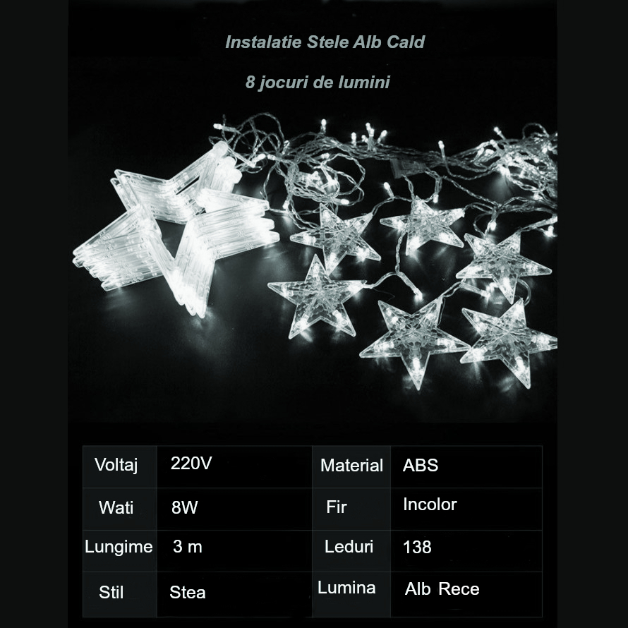 Instalatie craciun, perdea luminoasa ploaie de stele, pentru interior sau exterior, 3 metri, interconectabila, lumini LED, alb rece