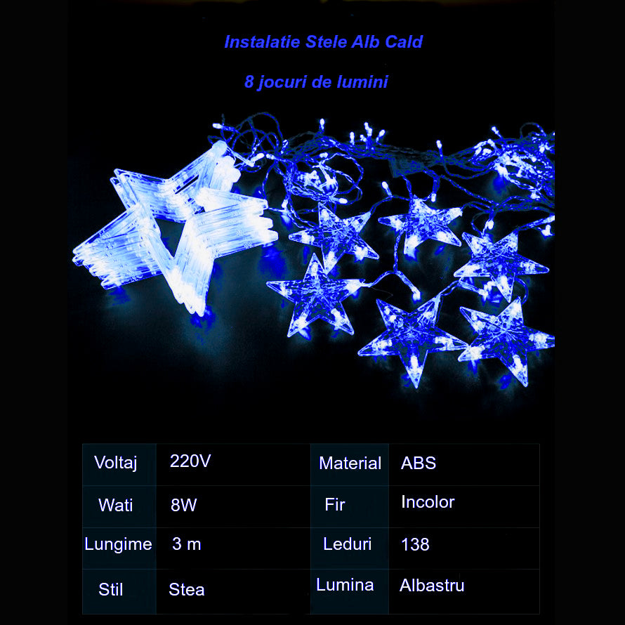 Instalatie Craciun, perdea luminoasa ploaie de stele, pentru interior sau exterior, interconectabila, 3 metri, lumini LED, albastru