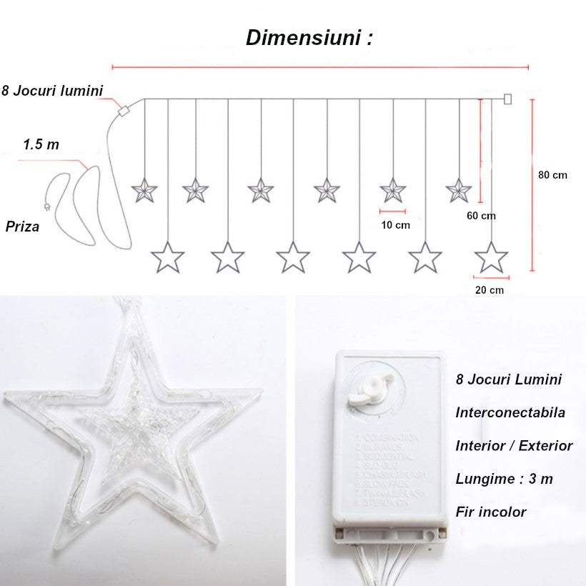 Instalatie Craciun, perdea luminoasa ploaie de stele, pentru interior sau exterior, interconectabila, 3 metri, lumini LED, albastru
