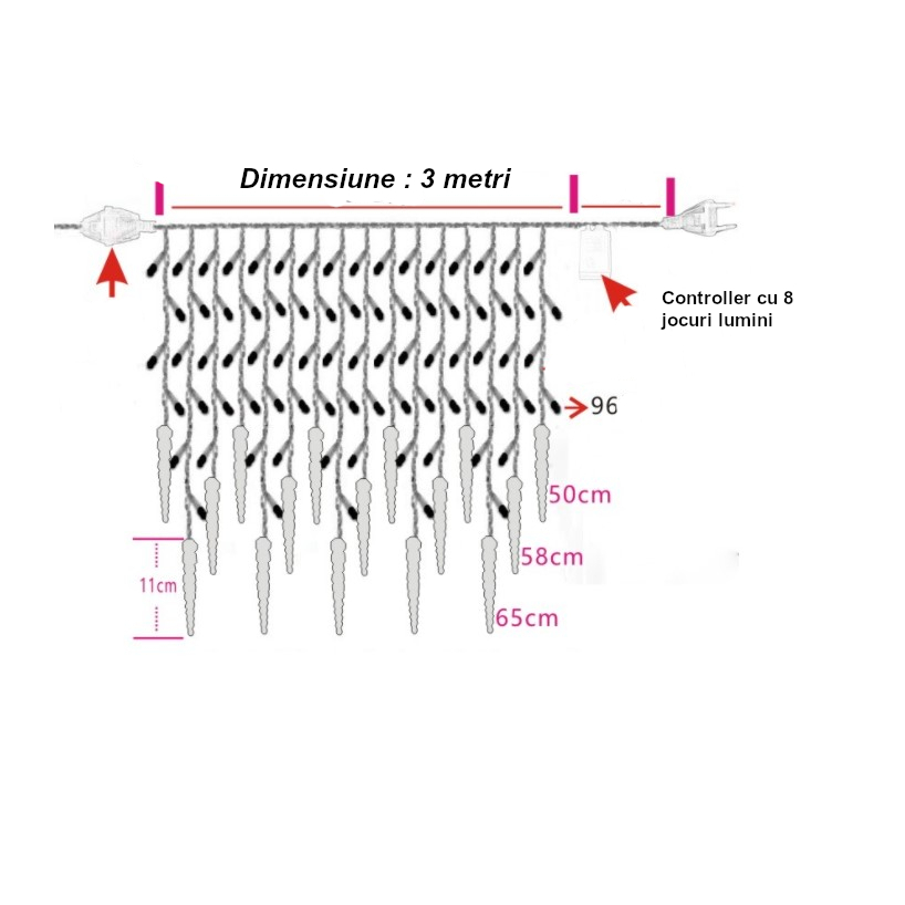 Instalatie luminoasa, pentru Craciun, perdea de lumini, sloi de gheata, turturi, interconectabila, 3 metri, alb cald